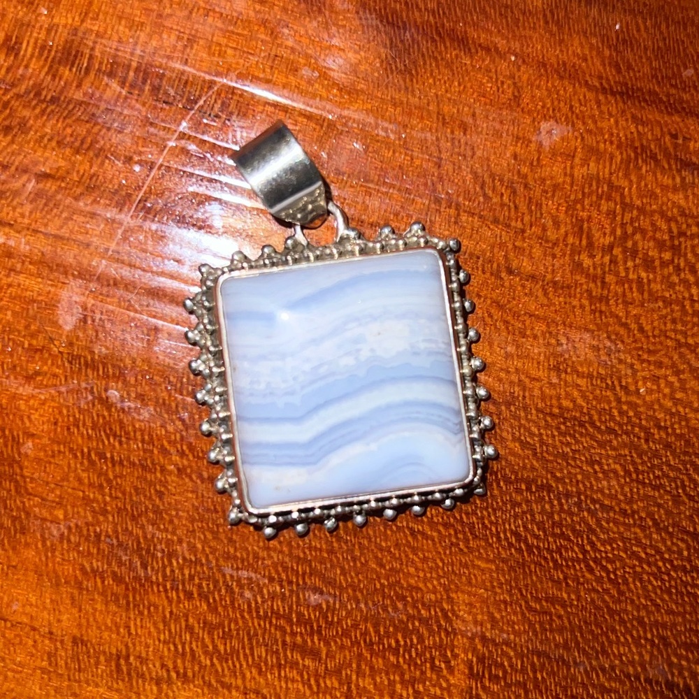 Delicate Blue Lace Agate Pendant – Sterling Silver Style Setting